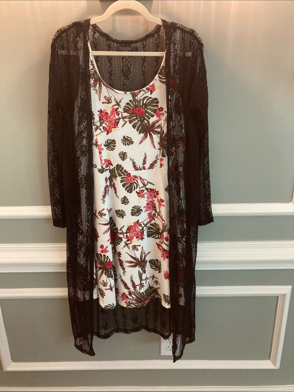 Floral White Slip Dress with Black Lace Duster
